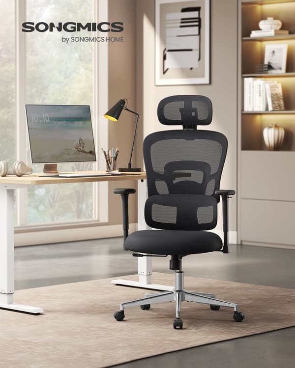 Ergonomisk kontorsstol, kontorsstol med hög rygg, sits i canvas, ländryggsstöd, höjdjusterbar, 3D-nackstöd, justerbara armstöd, ink black
