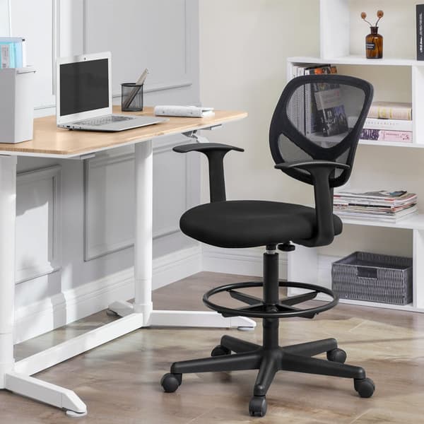 Toimistotuoli Ergonominen työtuoli käsinojilla Istuinkorkeus 55-75 cm Korkea työtuoli säädettävällä jalkarenkaalla Kantavuus 120 kg Musta
