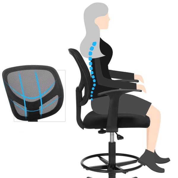 Toimistotuoli Ergonominen työtuoli käsinojilla Istuinkorkeus 55-75 cm Korkea työtuoli säädettävällä jalkarenkaalla Kantavuus 120 kg Musta