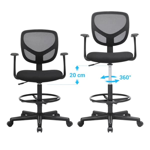 Toimistotuoli Ergonominen työtuoli käsinojilla Istuinkorkeus 55-75 cm Korkea työtuoli säädettävällä jalkarenkaalla Kantavuus 120 kg Musta