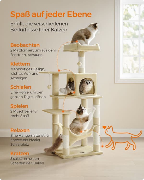 Feandrea Kattetræ Højde 143 cm Legetårn til katte med 4 kradsetræer, 2 platforme, 1 kennel, 1 hængekøje, 2 pomponer, plysstof, flere niveauer, beige