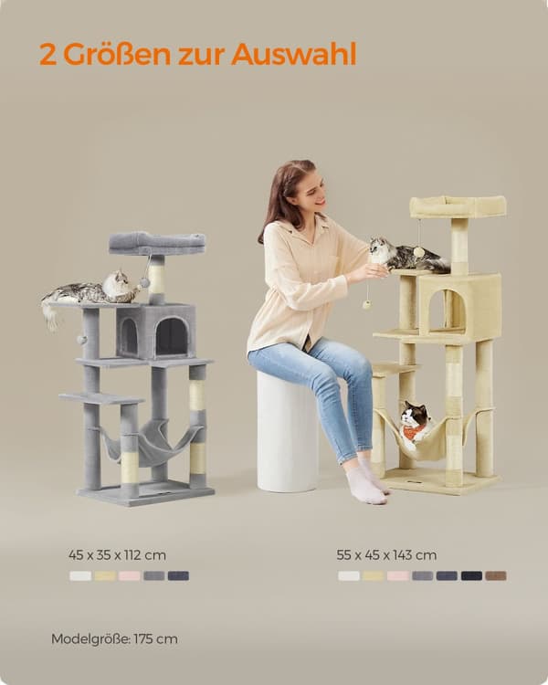 Feandrea Kattetræ Højde 143 cm Legetårn til katte med 4 kradsetræer, 2 platforme, 1 kennel, 1 hængekøje, 2 pomponer, plysstof, flere niveauer, beige