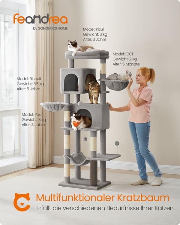 Feandrea stort katträd, 175 cm högt kattorn, kattlägenhet i flera nivåer med 2 grottor, 2 korgar, 5 klösbrädor, självrengörare, sittpinne, hängmatta,