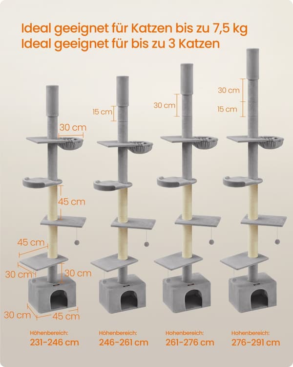 Kattetræ loftshøjt 231-291 cm højdejusterbart lysegråt