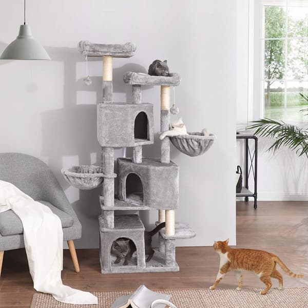 Stort katträd med 3 kattgrottor, 164 cm kattorn, ljusgrå
