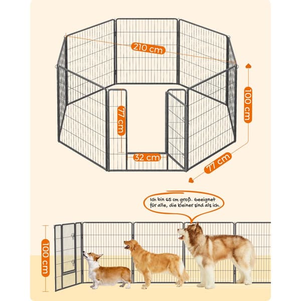 8-panels løbegård til kæledyr, kraftig indhegning til hunde, 77 x 100 cm, grå