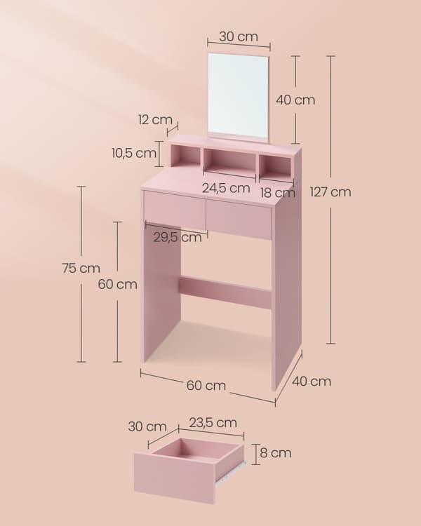 Frisørbord med spejl og 2 skuffer pastelrosa