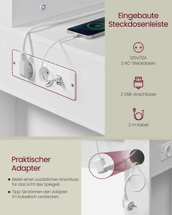 Toiletbord med LED-belysning og spejl i skyhvid