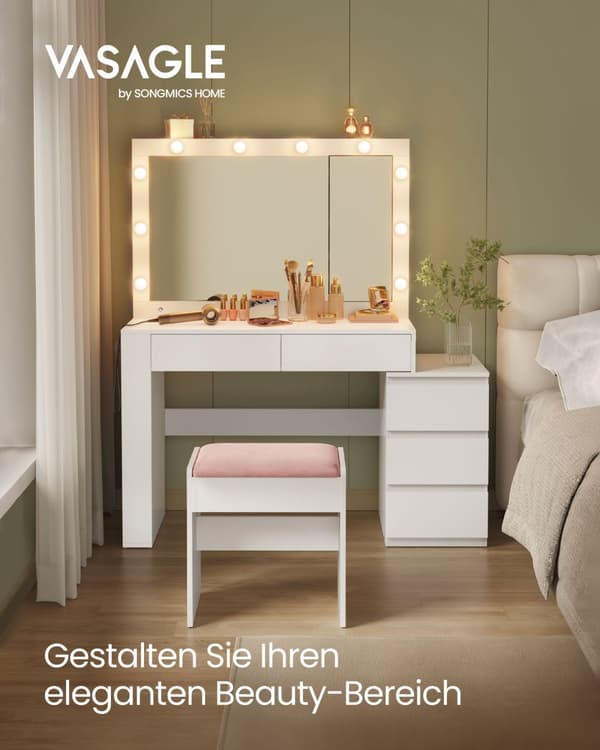 Toiletbord med LED-belysning og spejl i skyhvid