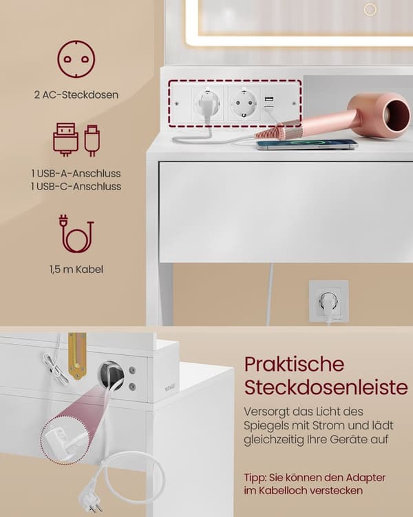 Sminkbord med LED-belysning 90 cm brett