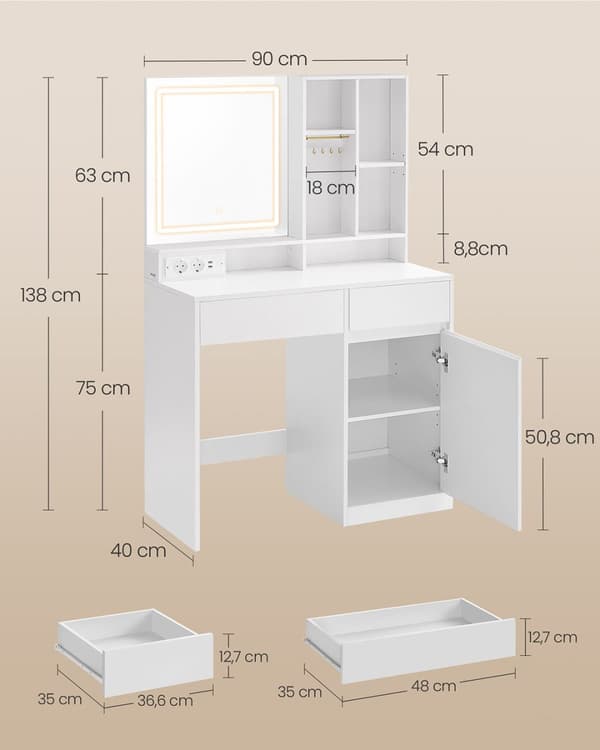 Sminkbord med LED-belysning 90 cm brett