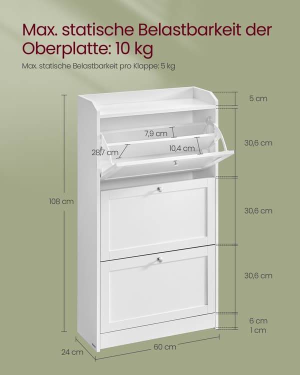 Skoskåp med 3 luckor, skoställ, skoförvaring, topplatta, justerbar avdelare, för upp till 18 par skor, hall, 24 x 60 x 108 cm, Cloud White