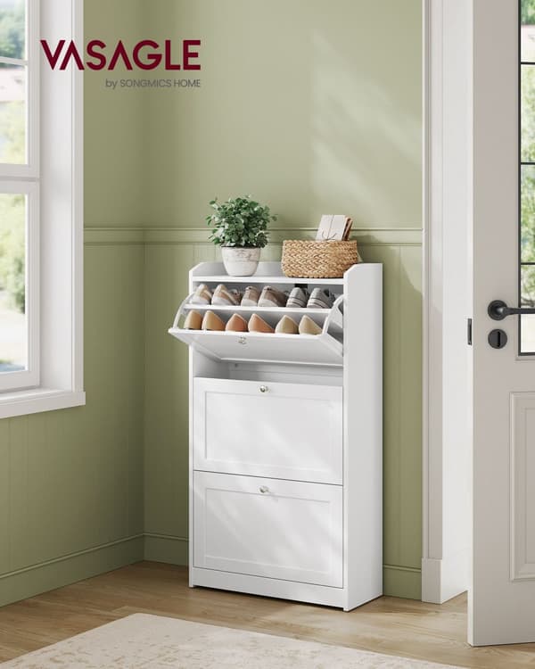 Skoskåp med 3 luckor, skoställ, skoförvaring, topplatta, justerbar avdelare, för upp till 18 par skor, hall, 24 x 60 x 108 cm, Cloud White