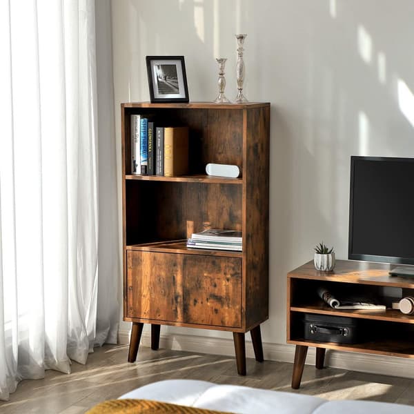 Retro bokhylla, 2-stegs bokhylla med dörrar, förvaringsskåp för böcker, foton, dekorationer, i vardagsrummet, kontoret, biblioteket, modern stil från