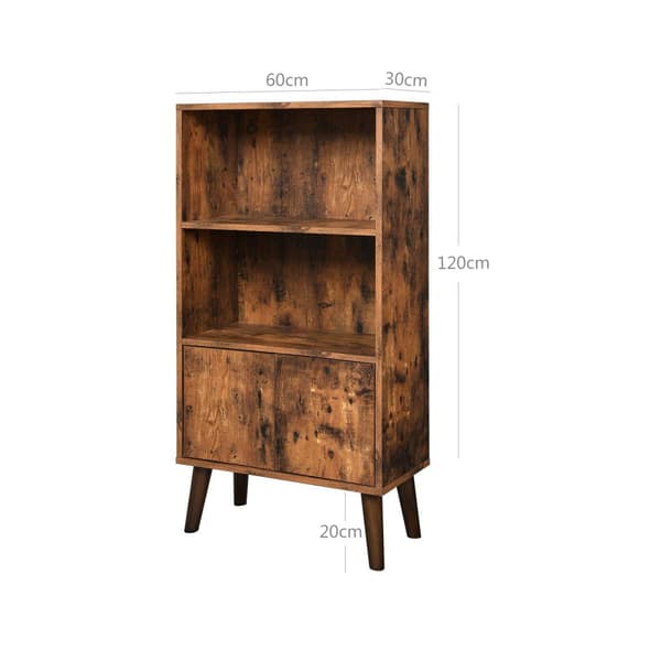 Retro bokhylla, 2-stegs bokhylla med dörrar, förvaringsskåp för böcker, foton, dekorationer, i vardagsrummet, kontoret, biblioteket, modern stil från