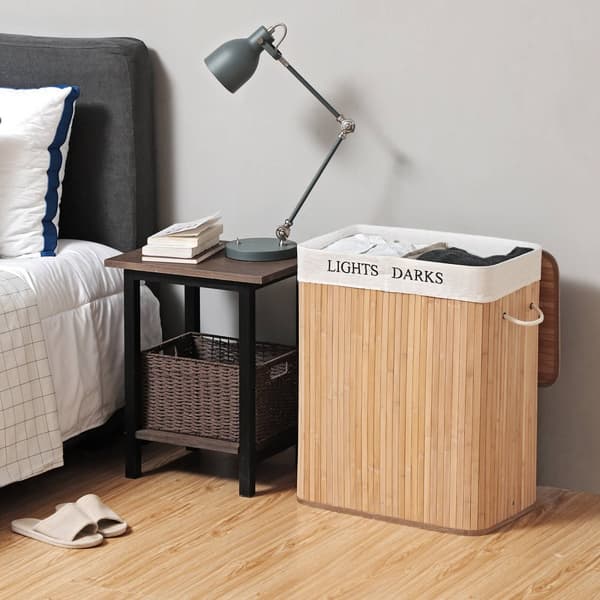 100L (62,5 x 52 x 32 cm) vasketøjskurv bambus foldbar vasketøjskasse med 2 rum vasketøjskurv med aftagelig vasketøjspose, Bambus, naturlig,