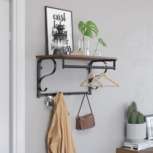 Industrial Coat Rack Hylly Wall Mounted, Hook Rack Hylly 5 koukkua ja ripustuskisko, eteinen, eteinen, kylpyhuone, olohuone, Rustic Brown, musta, Rus