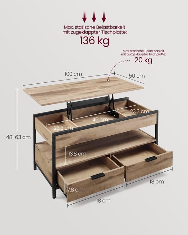 Soffbord med lyftbar bordsskiva, vardagsrumsbord, förvaringslådor, dolda fack och öppen hylla, Camel Brown och Ink Black