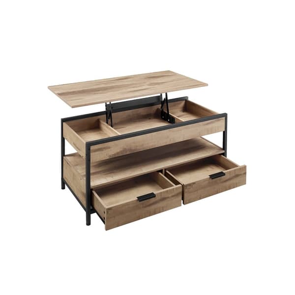 Soffbord med lyftbar bordsskiva, vardagsrumsbord, förvaringslådor, dolda fack och öppen hylla, Camel Brown och Ink Black