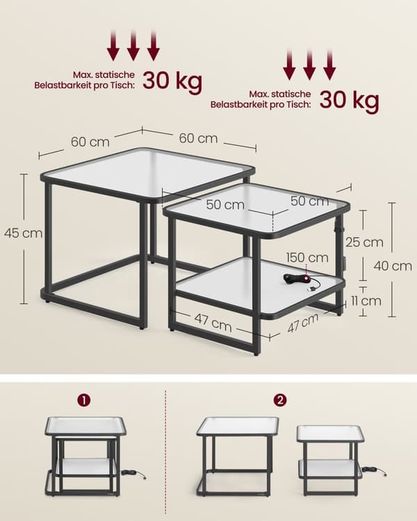 Soffbord set om 2 med LED-ljus cloud white-ink black
