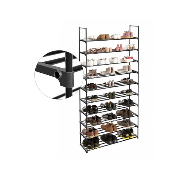 10-facks skoställ högt skoställ smalt skoställ förvaring metall platsbesparande omklädningsrum ingång 30 x 94 x 206 cm svart