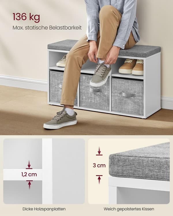Skobænk Sæde Skoorganisator med 6 rum og 3 justerbare hylder 3 opbevaringsbokse til gang, stue og soveværelse Cloud White Dove Grey