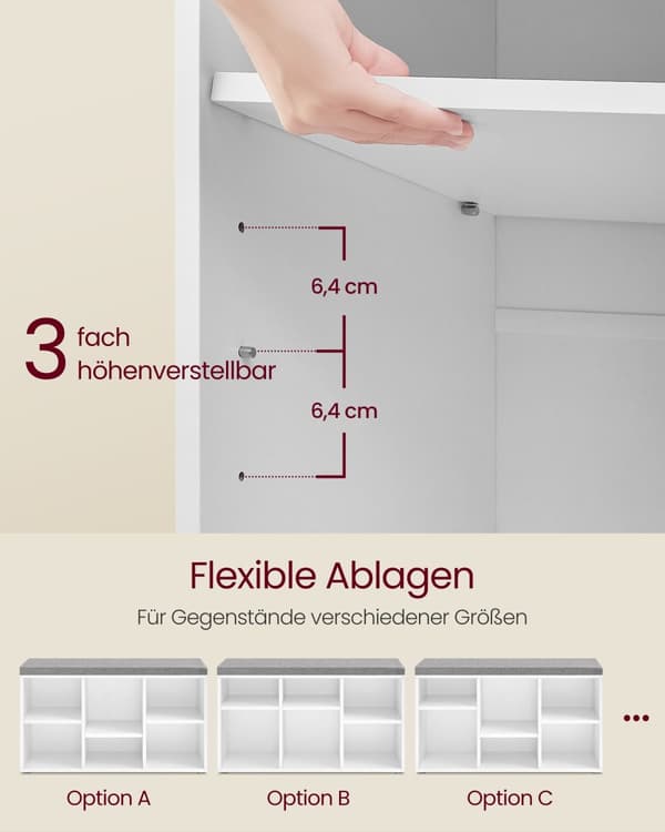 Skobænk Sæde Skoorganisator med 6 rum og 3 justerbare hylder 3 opbevaringsbokse til gang, stue og soveværelse Cloud White Dove Grey