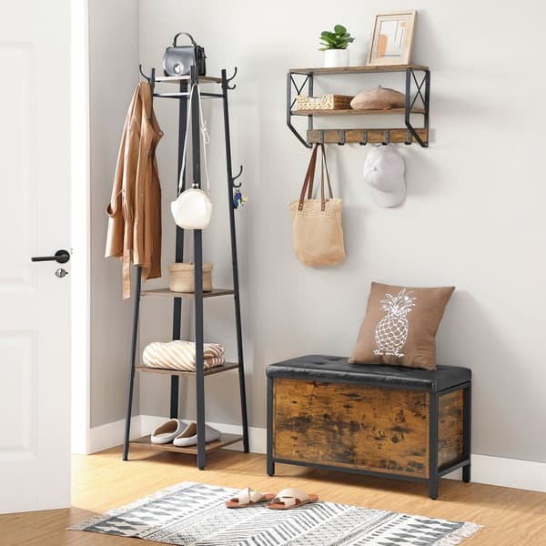 Bänk med förvaringslåda, vadderad sits, sängpall, hall, sovrum, vardagsrum, metall, enkel montering, industriell design, svart syntetiskt läder, rust