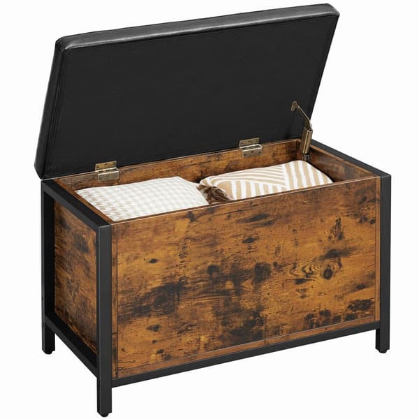 Bänk med förvaringslåda, vadderad sits, sängpall, hall, sovrum, vardagsrum, metall, enkel montering, industriell design, svart syntetiskt läder, rust