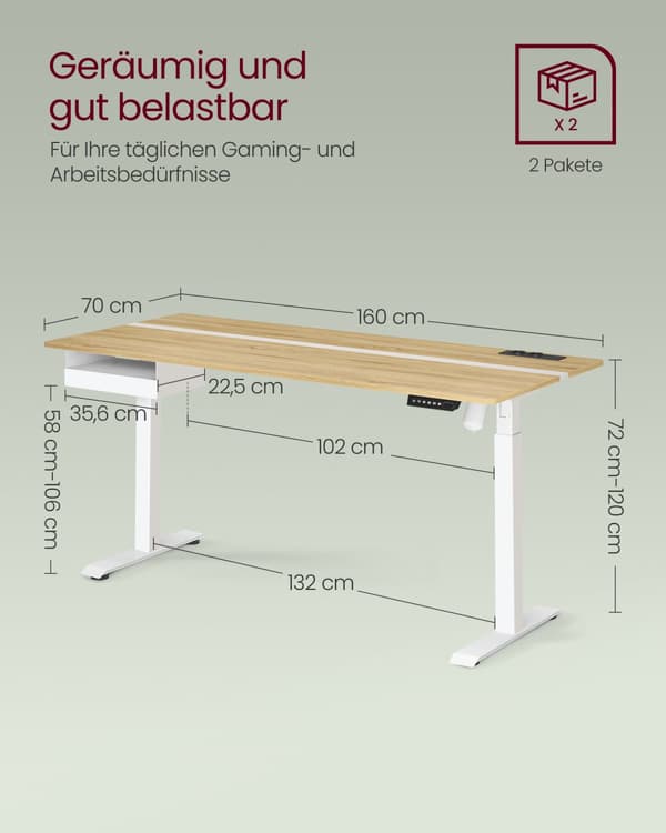 Työpöytä pistorasialla ja laatikolla 70 x 160 cm kultainen tammi-värillinen-pilvi valkoinen