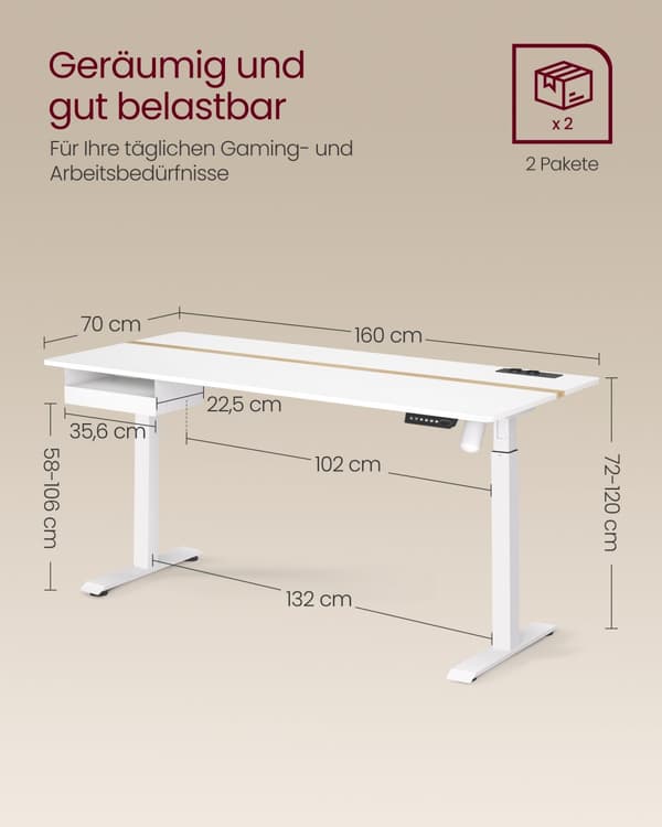 Pöytä pistorasioilla ja laatikolla 70 x 160 cm pilvi valkoinen-kultainen tammi väri