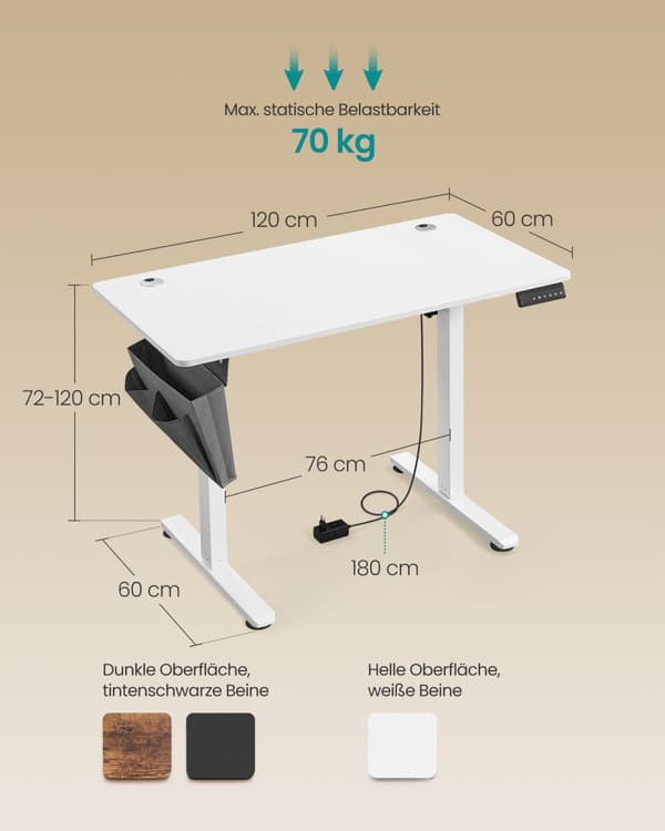 Højdejusterbart elektrisk skrivebord 60 x 120 x (72-120) cm