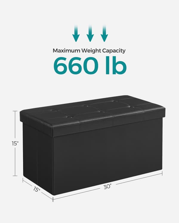 Hopfällbar puff/ Ottoman med 80-litersbehållare och mjuk sits för 2-3 personer 300 kg maxbelastning Svart