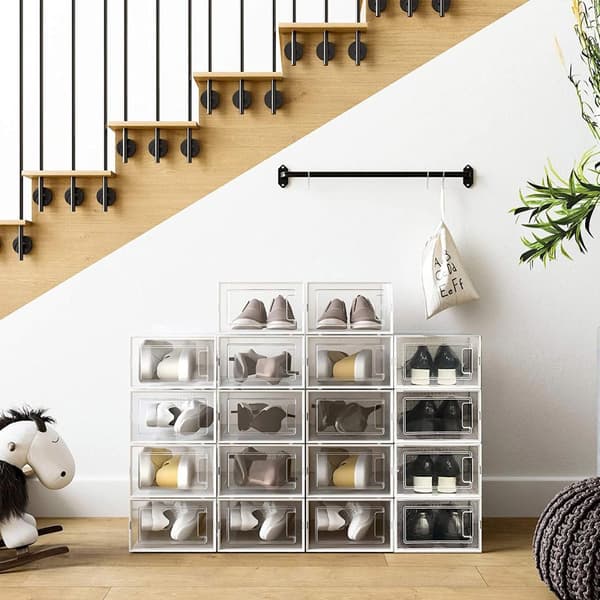 Skokartonger, paket med 8 stapelbara skokartonger, hopfällbara och mångsidiga för sneakers, passar upp till brittisk storlek 10,5, transparent och vi