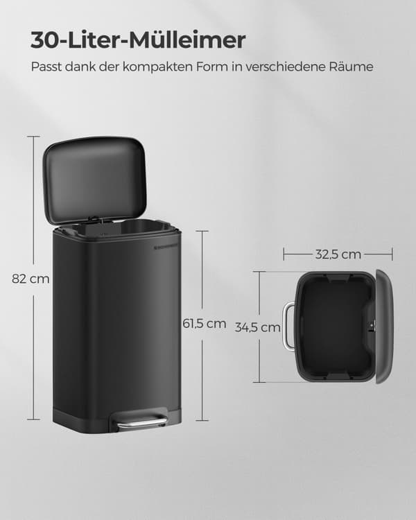Roska-astia, 30 L keittiöastia, teräksinen poljinastia, jossa on sisäkauha ja kansi, pehmeä sulkeminen, hajutiiviste keittiöön, olohuoneeseen, musta