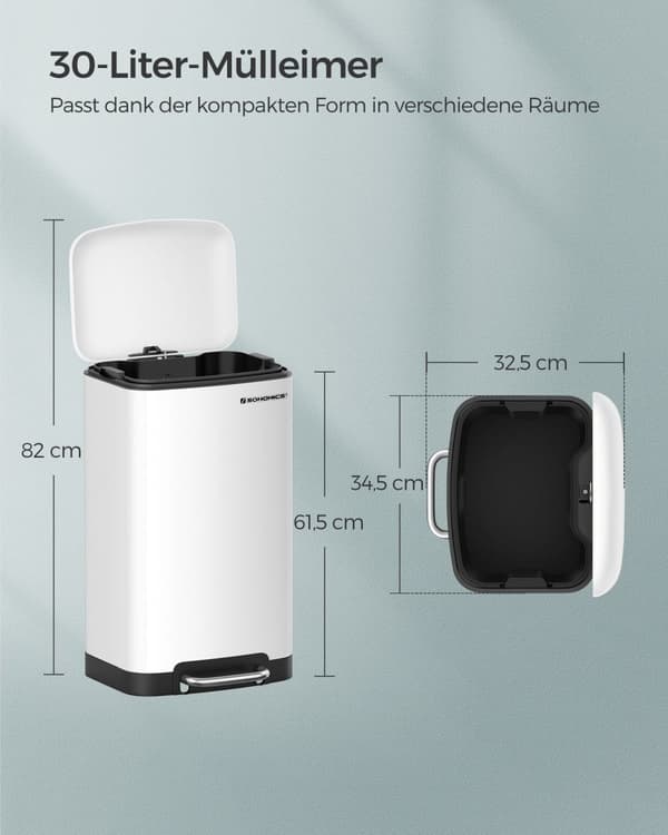 Soptunna, 30L papperskorg, pedalhink i stål, med innerhink och lock, mjuk stängning, lufttät, för kök, vardagsrum, vit