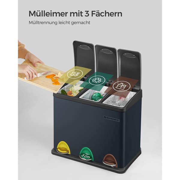Återvinningstunna, 3-i-1 pedal, 24-liters metallsoptunna, sopsorteringssystem för kök, lätt att rengöra, stål, grå