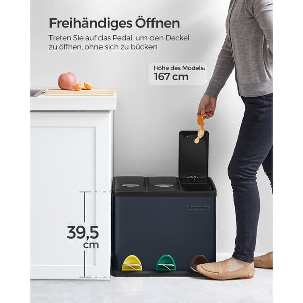 Återvinningstunna, 3-i-1 pedal, 24-liters metallsoptunna, sopsorteringssystem för kök, lätt att rengöra, stål, grå
