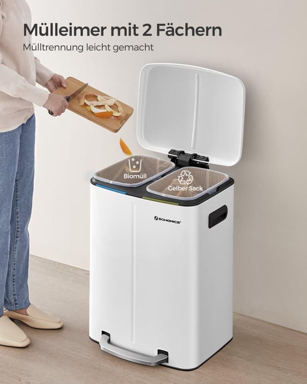 Dubbel soptunna, 2 x 20 l kökssoptunna, trappstegsbehållare i metall med dubbla fack, innerhinkar i plast, lock med mjuk stängning och handtag, luktt