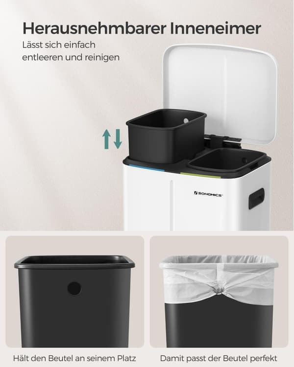 Dubbel soptunna, 2 x 20 l kökssoptunna, trappstegsbehållare i metall med dubbla fack, innerhinkar i plast, lock med mjuk stängning och handtag, luktt