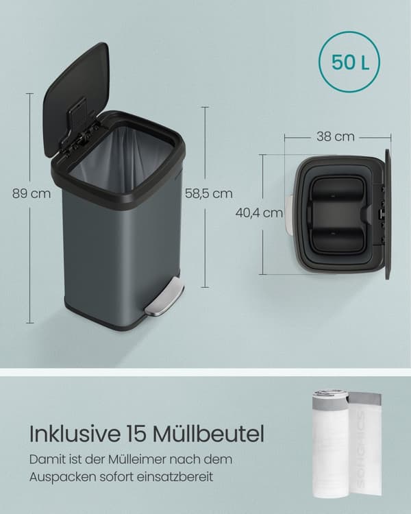 Köksavfallstunna med lock 50 liter antracitgrå-svart