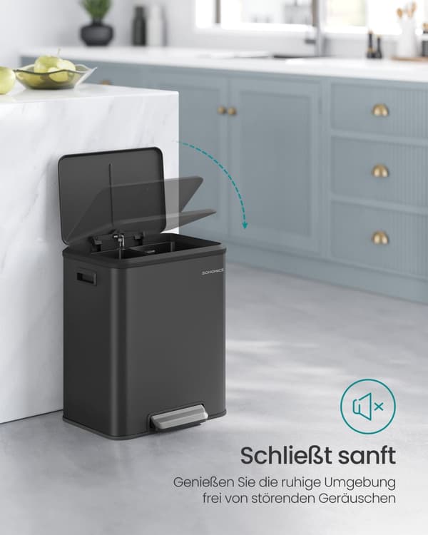 Soptunnssorterare 2 x 15 L med lock, köks- och vardagsrumssoptunna, pedaltyp, rostfritt stål, lufttät, plastflaska, burkförvaring, ingen synlighet, h