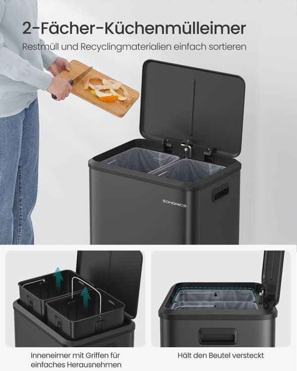 Soptunnssorterare 2 x 15 L med lock, köks- och vardagsrumssoptunna, pedaltyp, rostfritt stål, lufttät, plastflaska, burkförvaring, ingen synlighet, h