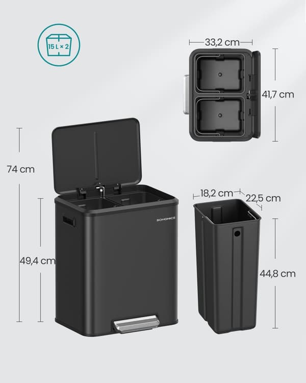 Soptunnssorterare 2 x 15 L med lock, köks- och vardagsrumssoptunna, pedaltyp, rostfritt stål, lufttät, plastflaska, burkförvaring, ingen synlighet, h