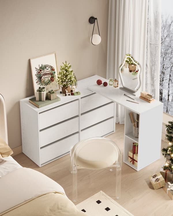 Sminkbord med hyllplan i L- eller side-by-side-format, snövit