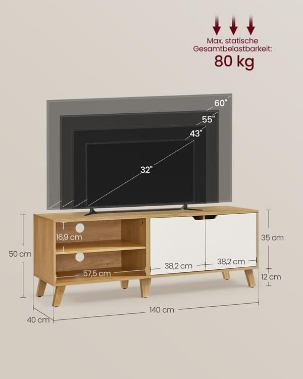 TV-skab 140 cm langt natur eg farve-cremehvid