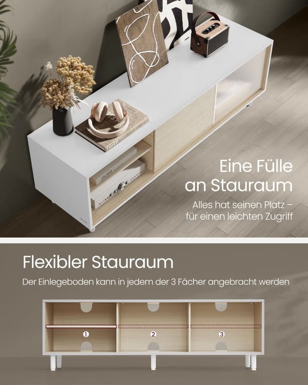 TV-stativ för upp till 60 tums TV, supersnabb montering utan verktyg, TV-skåp för vardagsrummet, TV-möbel, räfflat glas, modern, 140 x 39 x 45 cm, mo