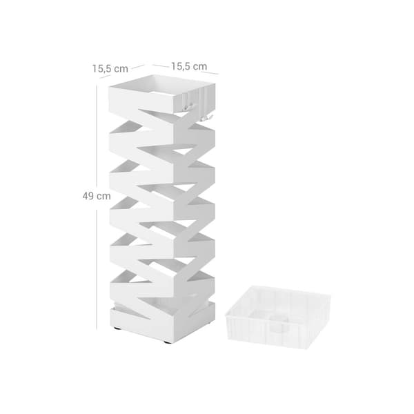 Paraplystativ i metal, firkantet paraplyholder med 4 kroge og en aftagelig drypbakke, 15,5 x 15,5 x 49 cm, hvid