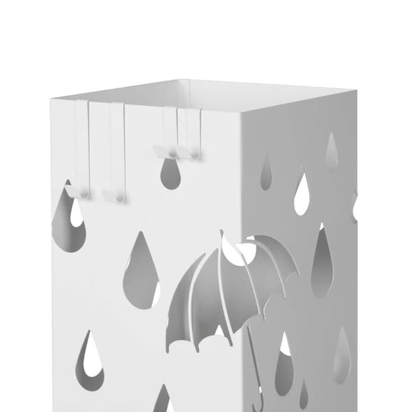 Paraplystativ i metal, firkantet paraplyholder med drypbakke og 4 kroge, 15,5 x 15,5 x 49 cm, hvid