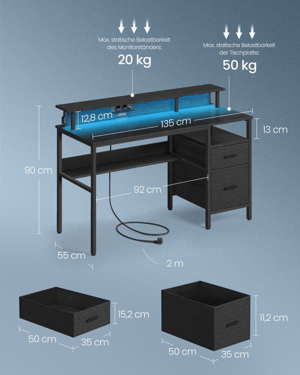 Skrivbord med lådor och monitorstativ svart ebenholts